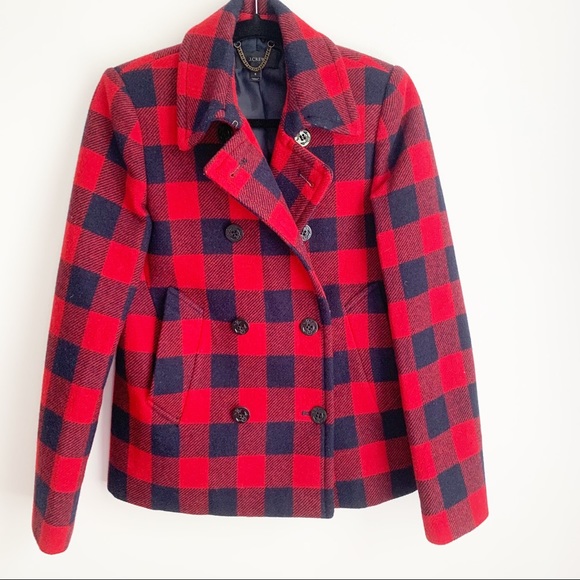 J Crew Red and Navy Buffalo Check Peacoat - Picture 2 of 7